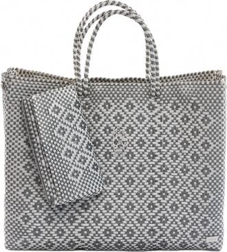 Lola's Bag Womens Travel Handmade Tote Bag With Clutch In Silver/white