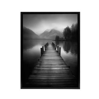Artery8 Lake Pier Mountain Landscape Photograph Framed Canvas Wall Art Print in Grey | Size: W24 x H32