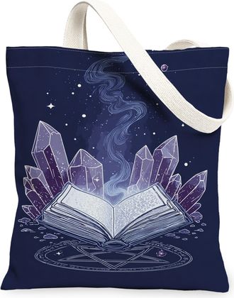 Generic Mystical Book Canvas Tote Bags, Fantasy Crystal Design Reusable Grocery Bags, Winter Ethereal Bohemian Lightweight Washable, Navy, 13x15 Inch