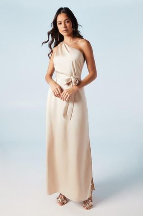 Oasis One Shoulder Satin Maxi Bridesmaid Dress in Champagne at Nordstrom, Size 10