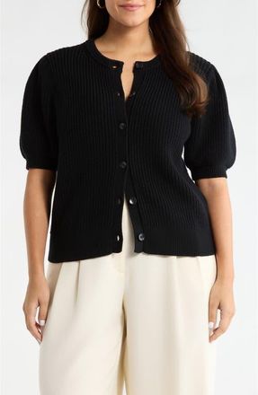 Nordstrom Puff Sleeve Cotton & Merino Wool Cardigan in Black at Nordstrom, Size 2X