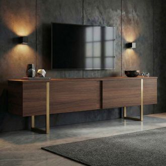 Dmora Mueble Para Tv Abishia, 2 Puertas, 2 Compartimentos, Apertura Abatible, 180x30x50h Cm, Roble Marr&oacute;n