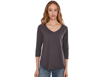 Mod-o-doc 3/4 Sleeve V-Neck T-Shirts with Curved Hem Womens Clothing Washed Ebony1 : LG (US 12-14), Cotton
