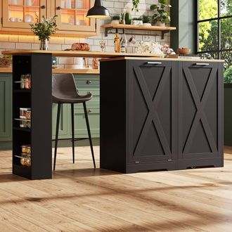 Merax Black Rotating Kitchen Island Bar Table with Tilt-out Bin Cabinet