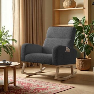 OEM Sill&oacute;n Mecedora Escandinavo De 1 Plaza Gris En Terciopelo Teddy Con Bolsillo De Almacenamiento, Patas De Madera Maciza
