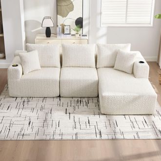 STILVORA Divano Modulare 3 Posti In Ciniglia Con Portabicchieri E Tasche Laterali, Senza Montaggio, Beige