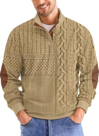 Generic Mens Sweatshirt Retro Vintage Knit Print Sweater 3D Printed Stand Up Collar Long Stand Collar Henley Button Pullover Top