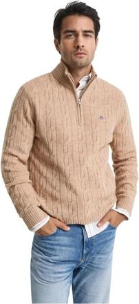 GANT Beige Lambswool Cable Half Zip Sweater - Heren - Coltruien - Beige - S - Wol - Truien & Vesten
