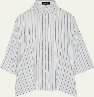 Eskandar Sloped Shoulder Wide A-Line Short-Sleeve Shirt With Collar (Mid Length)