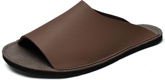 Generic Mens Genuine Leather Flat Slides Sandals Classic Round Open Toe Slip On Comfort Soft Bottom Anti-Slip Casual Slippers Lightweight Beach Walking Vacati