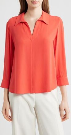 Eileen Fisher Split Neck Silk Georgette Top in Watermelon at Nordstrom, Size Xx-Small