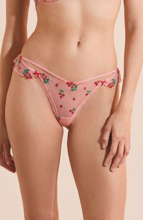 Etam Tomato Love Embroidered Ruffle String Thong in Multicolore at Nordstrom, Size Xx-Small