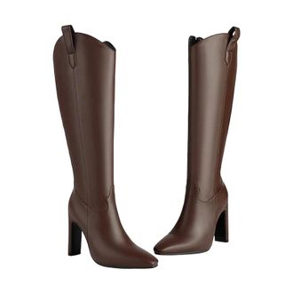 Generic Womens Fashion Knee High Boots Pointed Toe Super High Square Heel With Side Zipper For Wide Calf Fit Party Wear