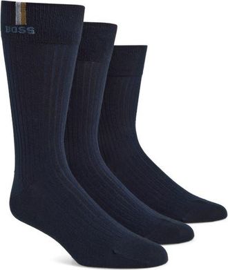 BOSS 3-Pack Ribbed Iconic Crew Socks in Dark Blue at Nordstrom, Size 7-13