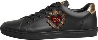 Dolce & Gabbana Black Leather Heart Embellished Sneakers Mens Shoes