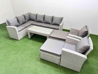 Fimous Outdoor 10 Seater Corner Sofa Sets with Chair Big Stools Light Grey