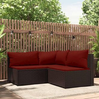 vidaXL Set Muebles De Jard&iacute;n 3 Piezas Y Cojines Rat&aacute;n Sint&eacute;tico Marr&oacute;n Vidaxl