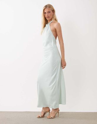 Jacqueline de Yong Vestito lungo allacciato al collo in raso blu chiaro-Verde