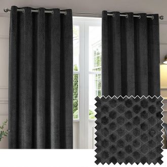 Riva Paoletti Neptune Fully Lined Velvet Eyelet Curtain Pair in Charcoal | Size: 168 cm width x 229 cm drop