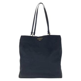 Prada Pre-owned Tote Bags, female, Black, Size: ONE SIZE Pre-owned Nylon Leather Tessuto Logo Tote Bag