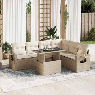 vidaXL Vidaxl - Set Sof&aacute;s De Jard&iacute;n 7 Piezas Y Cojines Rat&aacute;n Sint&eacute;tico Beige