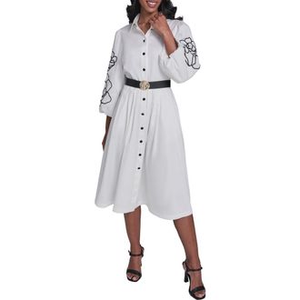 Karl Lagerfeld Floral Stitch Belted Midi Dress in Soft White at Nordstrom, Size 12