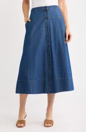 Anne Klein Button Front Denim Midi Skirt in Aries Wash at Nordstrom, Size 14