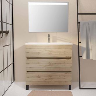 Aurlane Mueble De Ba&ntilde;o 80x80 Roble - Cajones - Lavabo Blanco+ Espejo Led- Timber 80 - Pack46