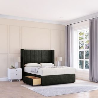 Sloomy Falcon Dumfries Wingback Bed Set, No Drawers & 54 Floor Standing Headboard in Black | Size: Small Double