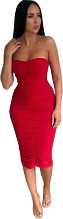 Femme Luxe Ruched Strapless Bodycon Midi Dress - Vita - Red - 10