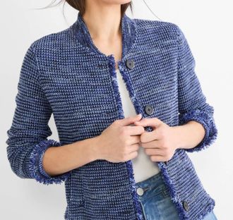 Nic+Zoe Fringe Knit Bomber Jacket In Blue Mix