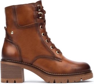 Pikolinos Bruine Leren Enkellaarzen - Soria - Dames - Laarzen met Hak - Bruin - 41 EU - Leer - Schoenen