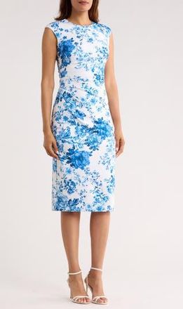 Vince Camuto Floral Pleated Scuba Knit Sheath Dress in Blue/Ivory at Nordstrom Rack, Size 10