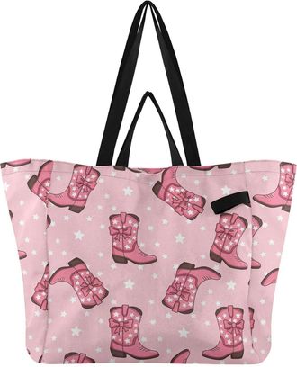 Generic Pink Western Cowgirl pattern Reusable Canvas Tote Bag, Heavy Duty Grocery Shopping Bag with Double Handles Hard Bottom Large Capacity Work Groceries T