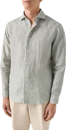 Eton Regular Fit Bengal Stripe Linen Dress Shirt in Dark Green at Nordstrom, Size Xx-Large