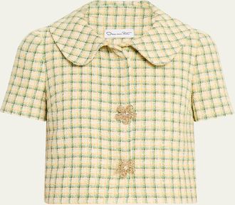 Oscar De La Renta Short-Sleeve Check Tweed Jacket
