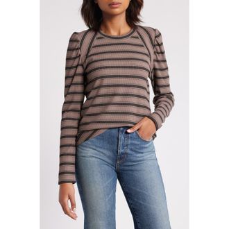 Wit & Wisdom Stripe Puff Shoulder Knit Top in Oyster Mushroom/Black at Nordstrom, Size X-Small