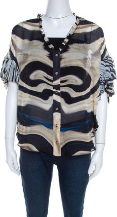 Roberto Cavalli Multicolor Striped Silk Batwing Sleeve Ruffled Top