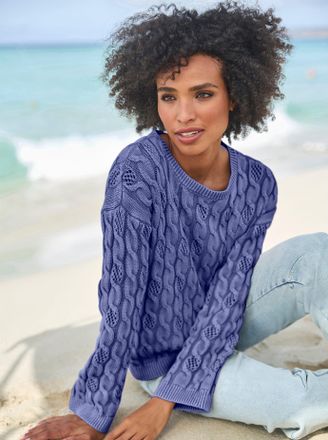 Heine Strickpullover HEINE Pullover, Damen, Gr. 34, jeansblau, 100% Baumwolle, unifarben, Pullover Strickpullover