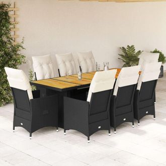 vidaXL Set De Mesa Y Sillas De Jard&iacute;n 9 Pzas Y Cojines Rat&aacute;n Pe Negro Vidaxl