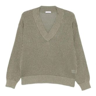 Brunello Cucinelli Brunello Cucinelli, V-neck Knitwear, female, Beige, Size: L Ribbed Sweater