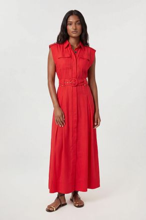 Karen Millen Womens Premium Viscose Linen Belted Woven Midaxi Dress With Gold Hardware Detail - Red - Size 10 UK