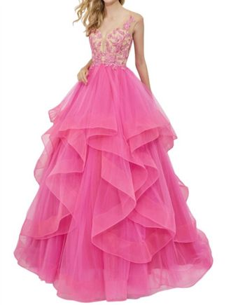Angela & Alison Plunging V-Neck Prom Dress In Fuchsia