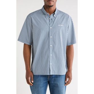 Carhartt Work in Progress Groff Microcheck Short Sleeve Cotton Poplin Button-Down Shirt in Groff Check, Blue River at Nordstrom, Size Xx-Large