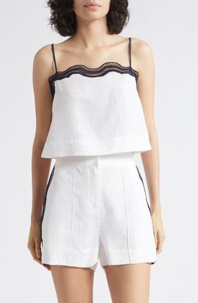 Reiss Felicity High Waist Lace Trim Linen Shorts in Ivory/navy at Nordstrom, Size 10