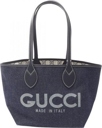 Gucci Beige Navy Denim Coated Canvas Handbag Tote Bag (Pre-Owned)