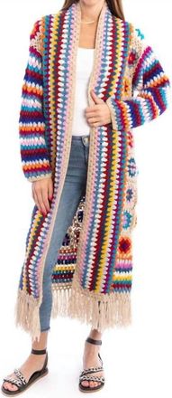 Saachi Fringed Crochet Long Kimono In Beige
