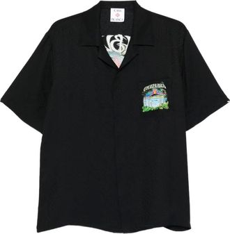 Casablanca Short Sleeve Shirts, male, Black, Size: 2XL Degrade Monogram Short Sleeve Linen Shirt