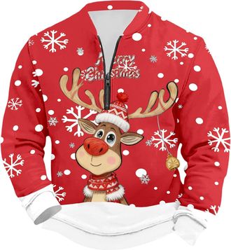 Generic Christmas Jumpers for Men Holiday 1/4 zip Jumper Mens Winter Mens Casual Print Christmas Jumper Long Sleeve Stand-Up Collar Velvet Collar Sweatshirt F