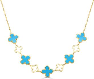 Italian Gold, Inc 14K Yellow Gold Alternating Clover & Open Clover Necklace 9 Stations - Turquoise